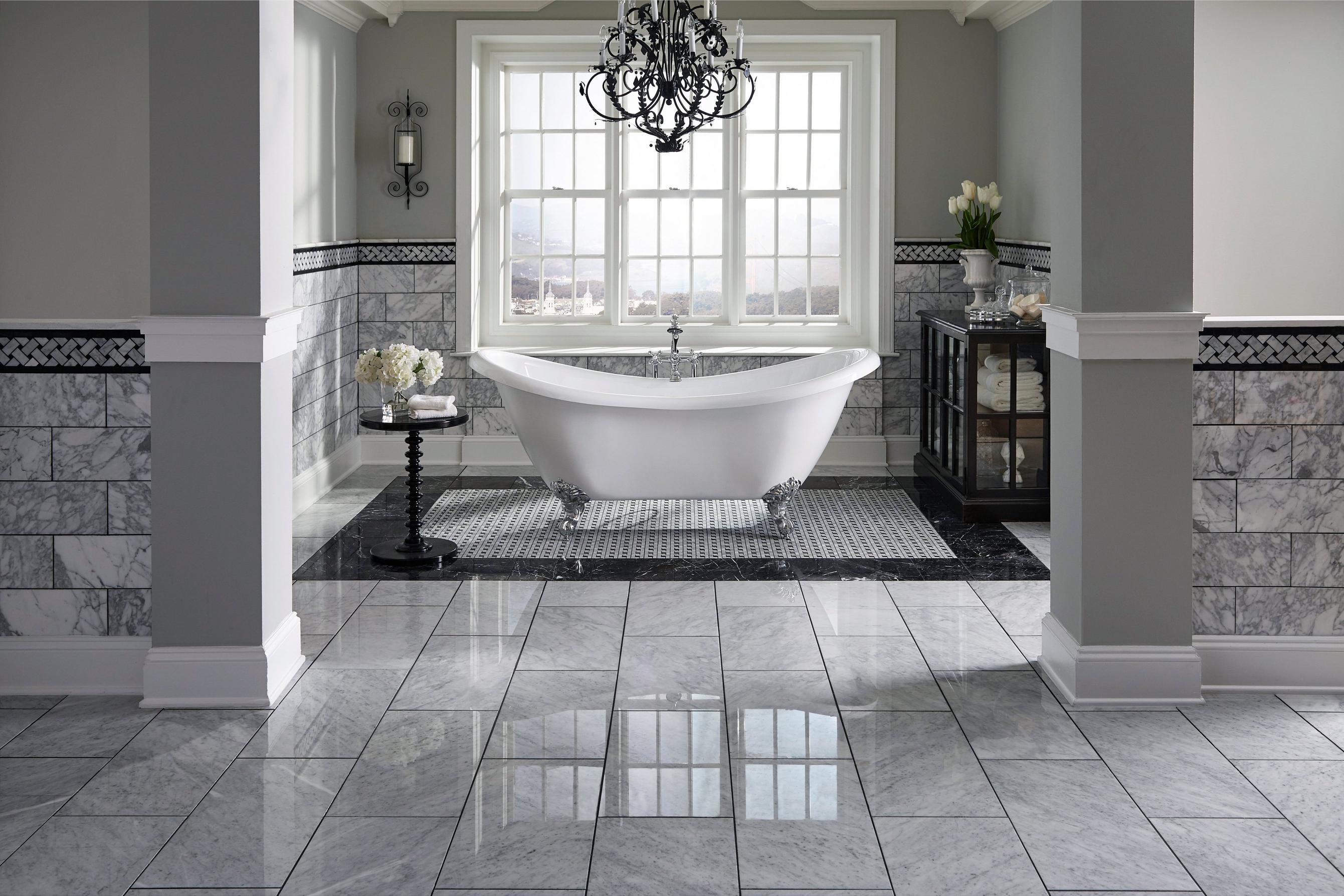 Rooms Bathroom Nero Marble Tile Bianco Carrara Polished Pinwheel Bath Floor