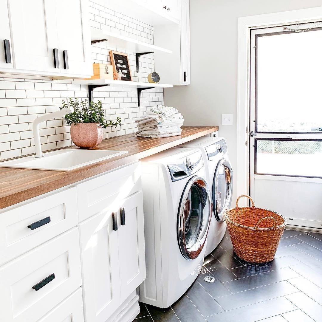 Laundry Room With Butcher Block Countertop Before After Our Laundry