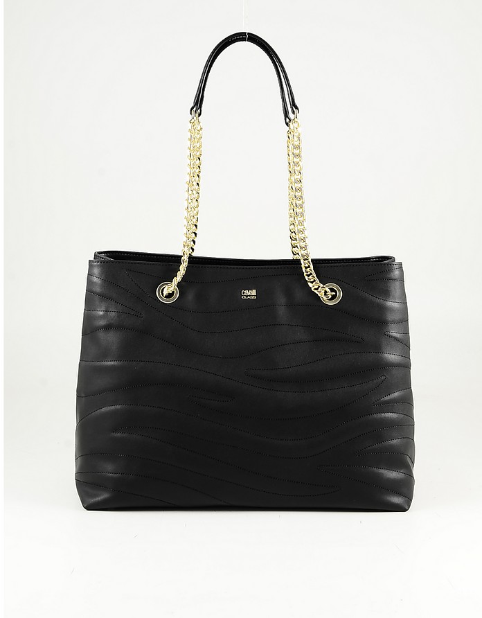 Black Leather Tote Bag w/Chain Straps - Class Roberto Cavalli