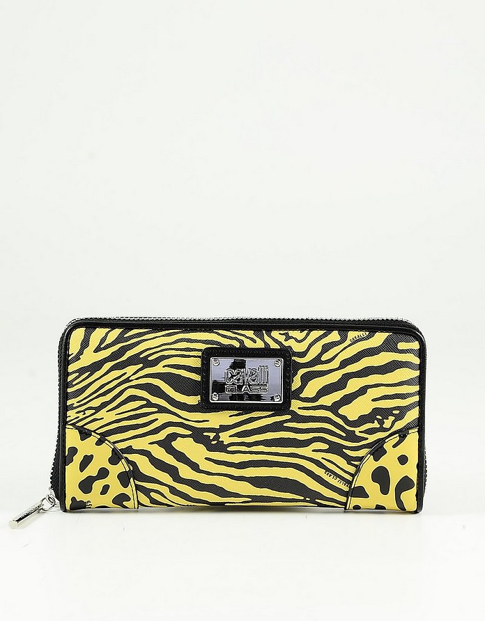 Bright Yellow&Black Animal Printed Eco-Leather Zip Around Women's Wallet - Class Roberto Cavalli