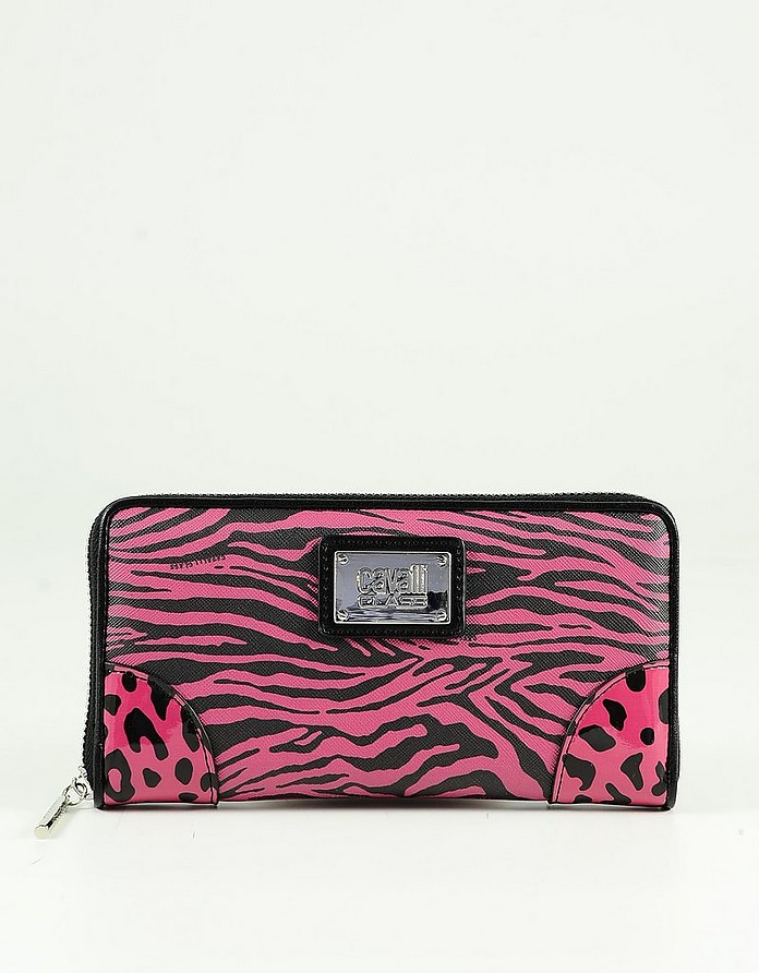Fuchsia&Black Animal Printed Eco-Leather Zip Around Women's Wallet - Class Roberto Cavalli