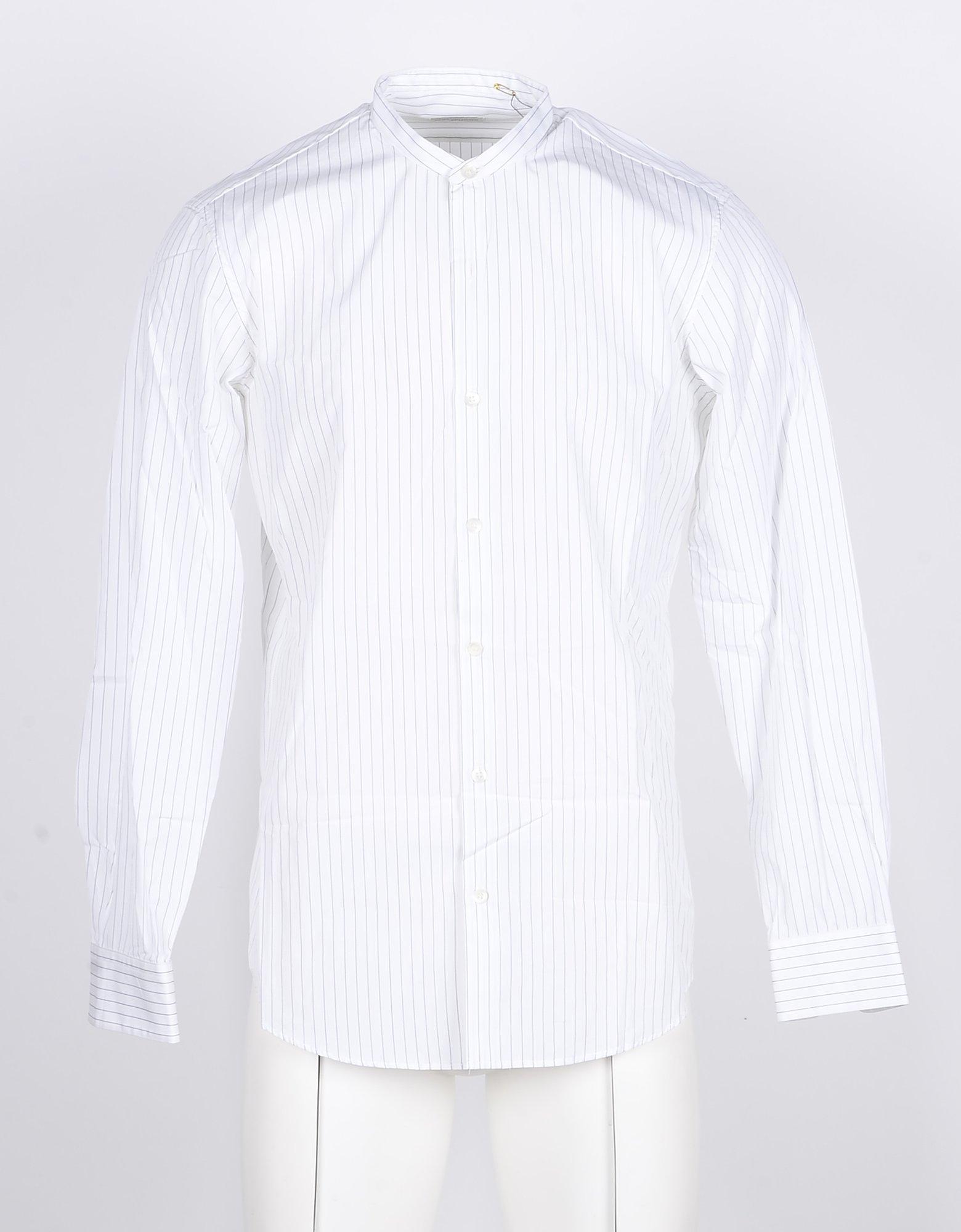 Dries Van Noten White Striped Cotton Men's Shirt w/Mandarin Collar