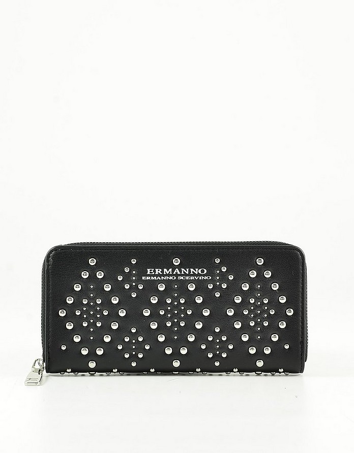 Black Eco-Leather Zip-Around  Women's Continental Wallet w/Studs - Ermanno Scervino