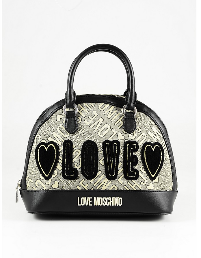 Black Eco Leather & Gold Lurex Fabric Bowler Bag - Love Moschino