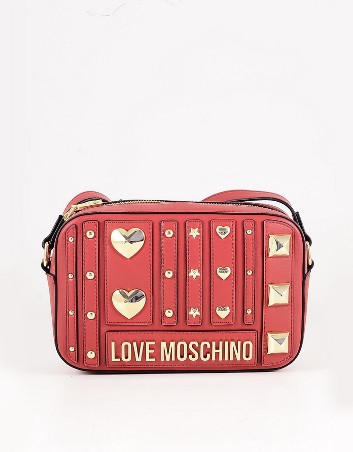 Red Eco Leather Hearts Studded Shoulder Bag - Love Moschino