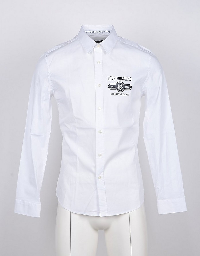 White Signature Cotton Long Sleeve Men's Shirt - Love Moschino