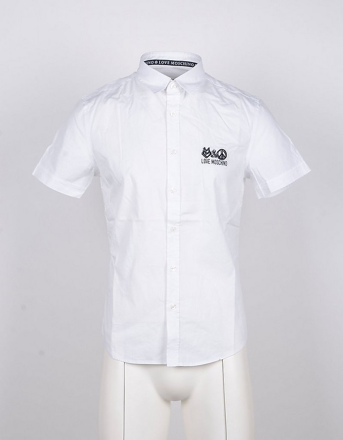 Short-Sleeved Signature Embroidery White Cotton Men's Shirt - Love Moschino