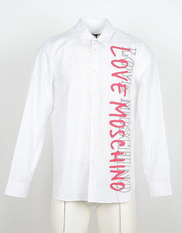 Signature Print White Cotton Men's Shirt w/Long Sleeve - Love Moschino