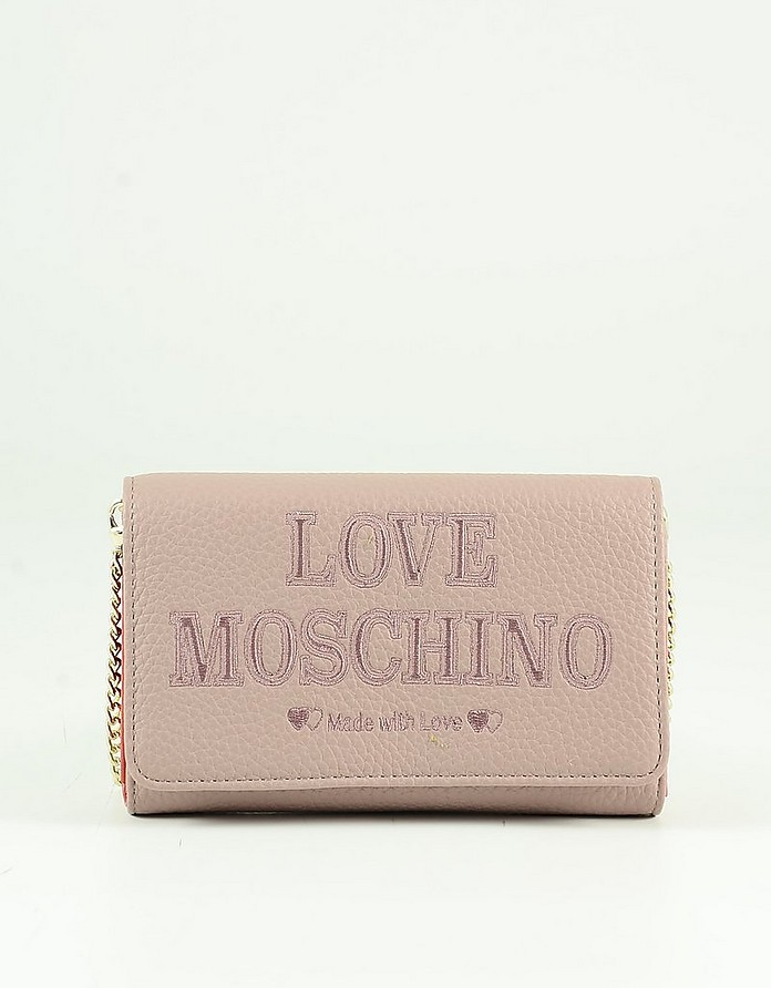 Powder Pink Grainy Eco-Leather Women's Wallet on a Chain - Love Moschino