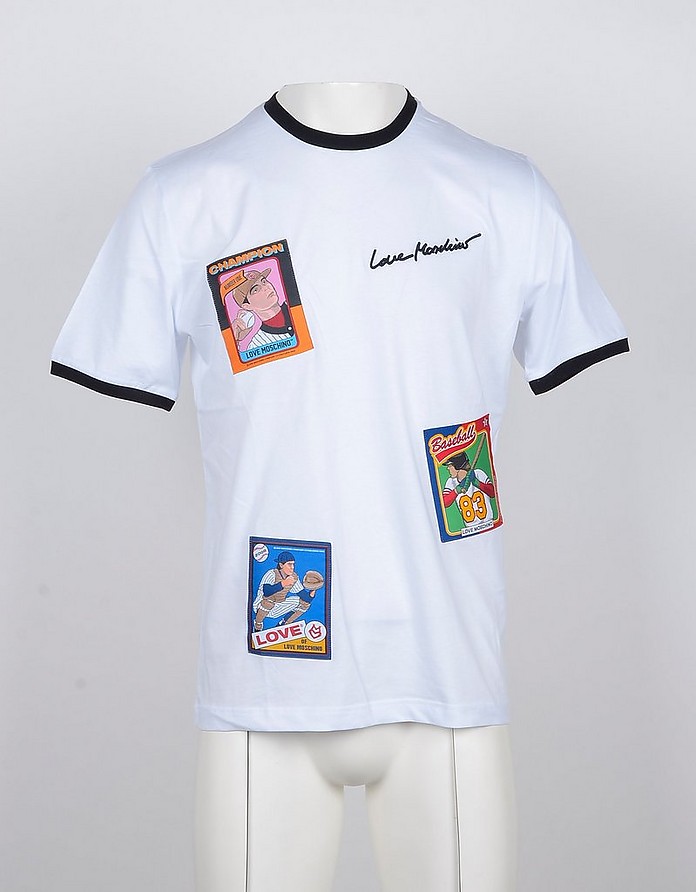 Baseball Cards Print White Cotton Men's T-shirt - Love Moschino