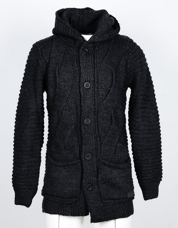 Anthracite Wool Blend Men's Hooded Cardigan Sweater - Takeshy Kurosawa