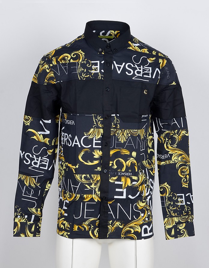 Black and Gold Signature Printed Cotton Men's Shirt - Versace Jeans