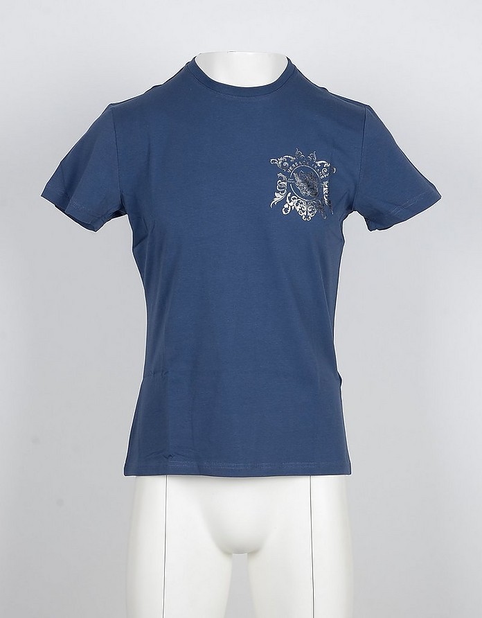 Blue Cotton & Silver Signature Print Men's T-shirt - Versace Jeans