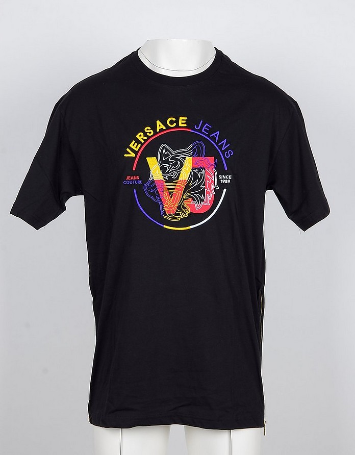 Black Cotton Signature Print Men's T-shirt - Versace Jeans