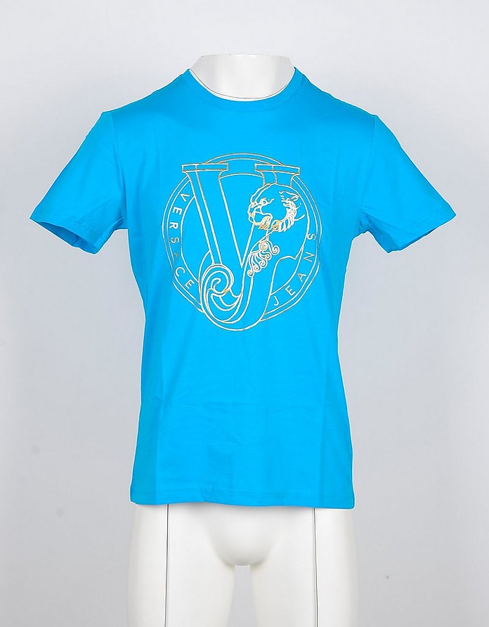 Turquoise Cotton Men's T-shirt w/Signature Print - Versace Jeans