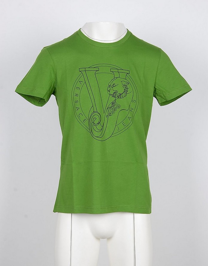 Green Cotton Men's T-shirt w/Signature Print - Versace Jeans