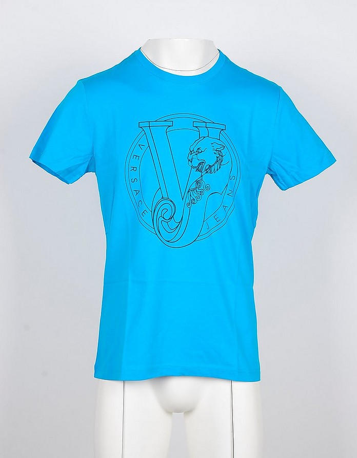 Sky Blue Cotton Men's T-shirt w/Signature Print - Versace Jeans