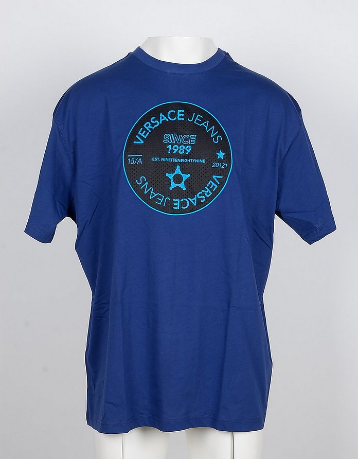 Blue Cotton Signature Print Men's T-shirt - Versace Jeans