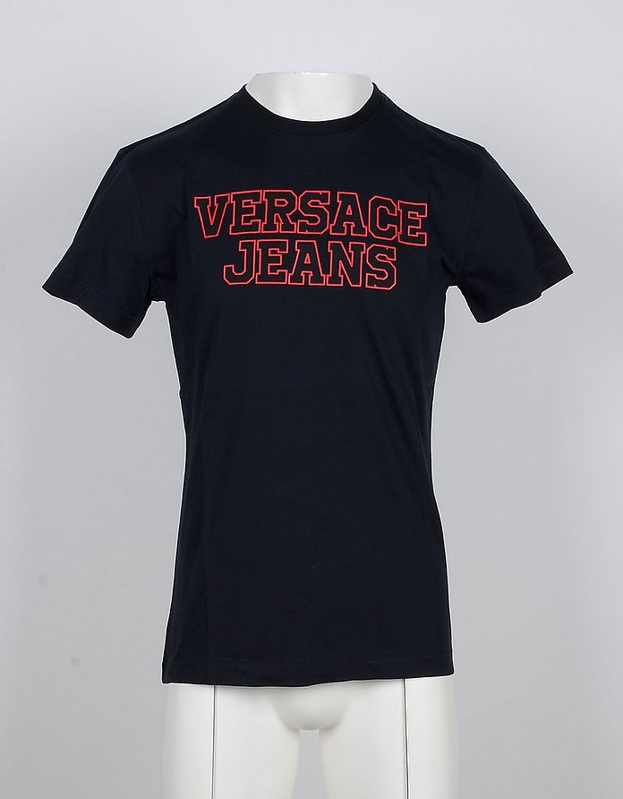 Black Cotton Men's T-Shirt w/Signature Print - Versace Jeans