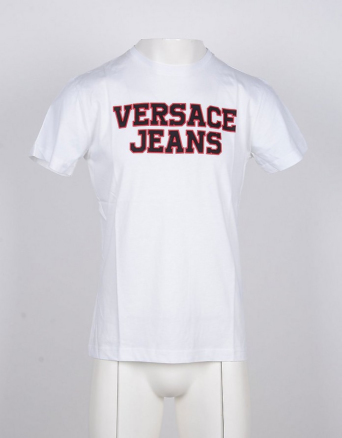 White Cotton Men's T-Shirt w/Signature Print - Versace Jeans