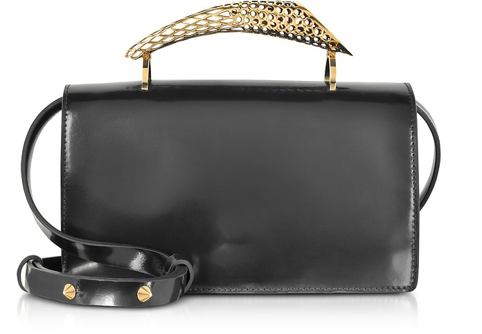 Black Glossy Leather Shoulder Bag w/Gold Brass Middle Horn - Maissa