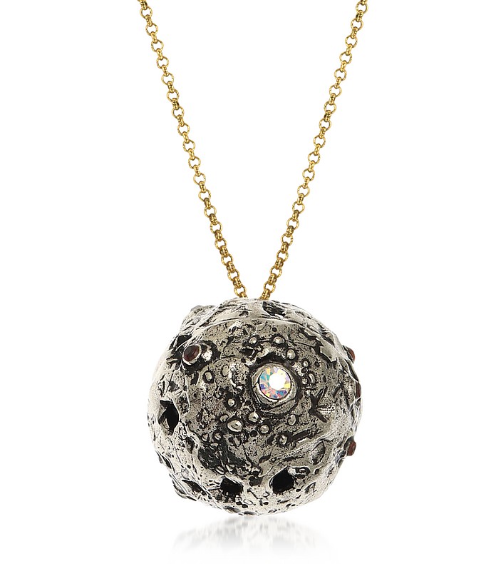 Silvered Brass Moon Necklace with Swarovski and Garnet. - Alcozer & J