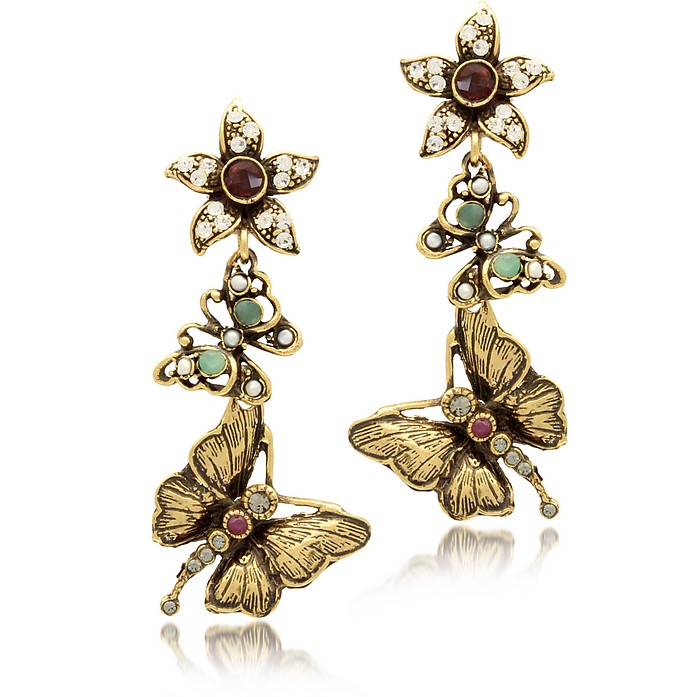 Gemstone, Gold Plated Brass Butterflies with Flower Earrings  - Alcozer & J