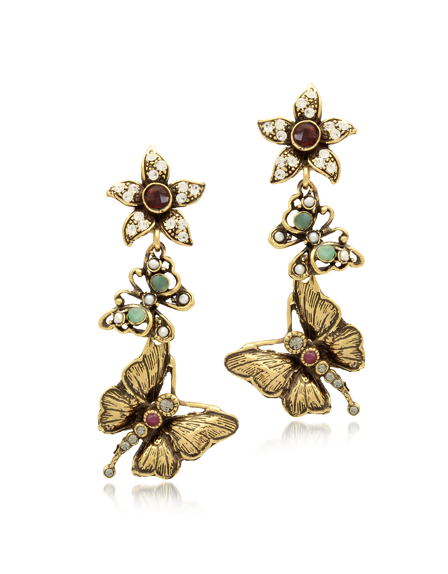 Alcozer & J Designer Earrings Gemstone, Gold Plated Brass Butterflies With Flower Earrings In Doré
