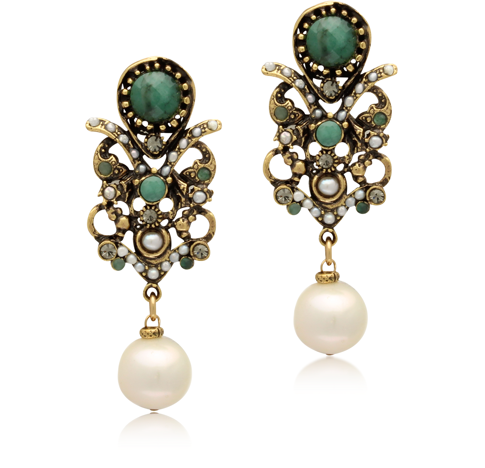 Alcozer & J Golden Brass, Glass Pearl and Emerald Earrings at FORZIERI