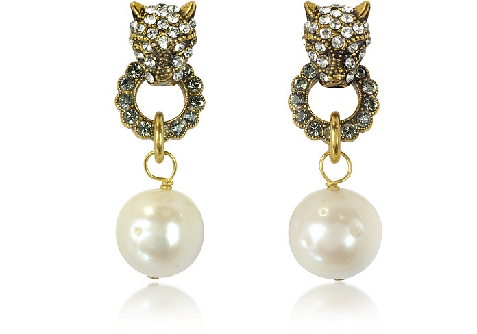 Small Panthers Goldtone Brass w/Glass Pearls Drop Earrings - Alcozer & J