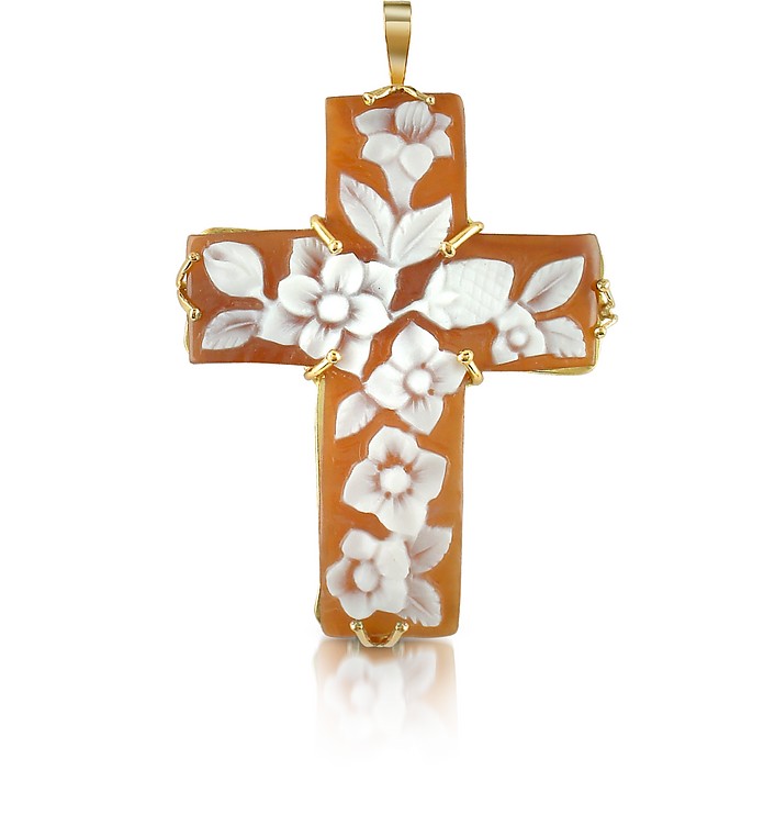 Croix camée en coquillage à motif floral - Del Gatto