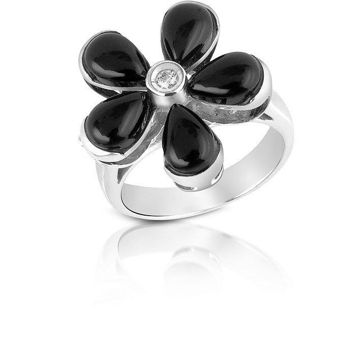 Diamond and Onyx Flower 18K Gold Ring - Del Gatto