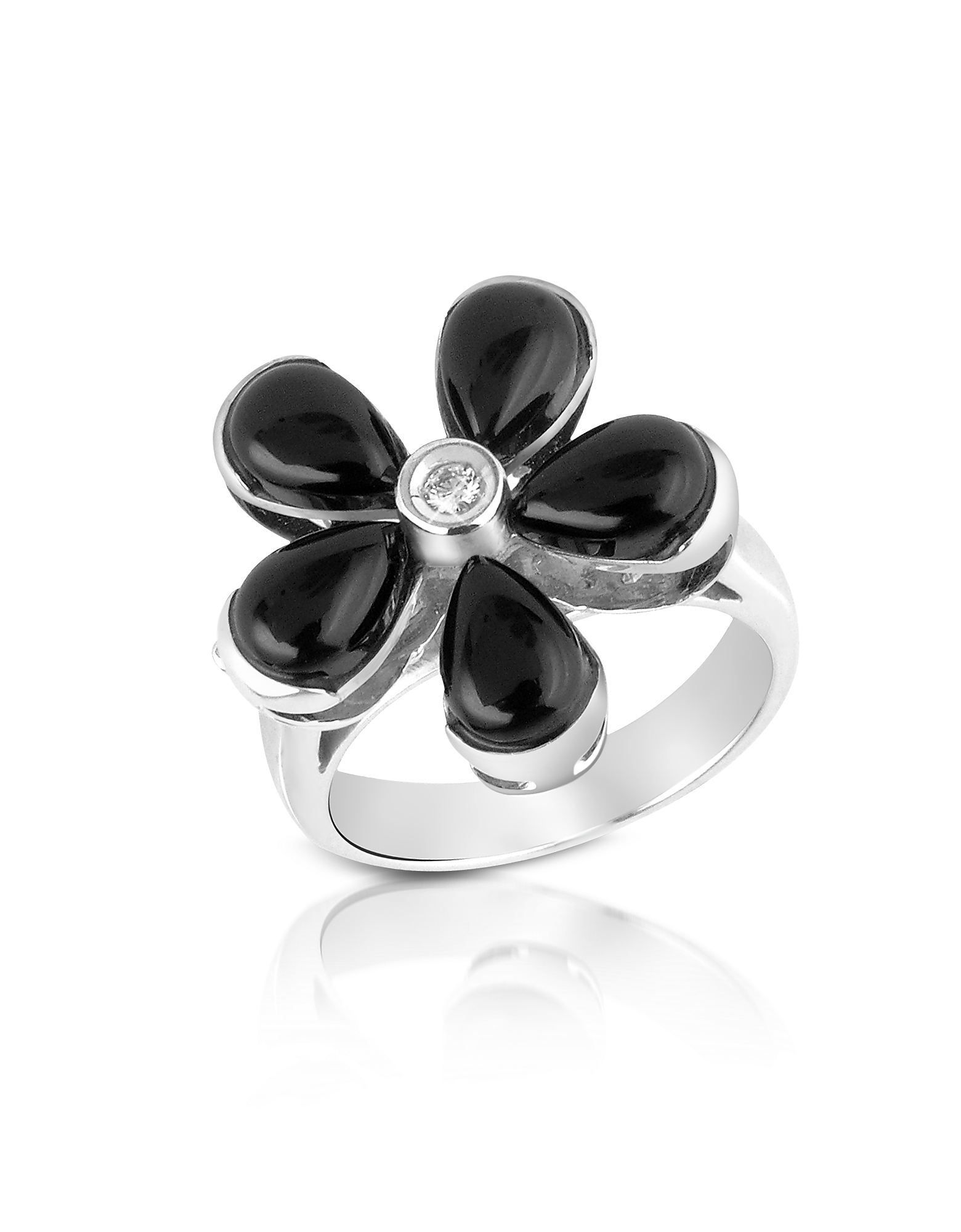 Del Gatto Designer Rings Diamond And Onyx Flower 18k Gold Ring