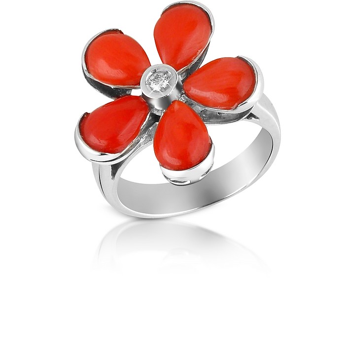 Diamond and Red Coral Flower 18K Gold Ring - Del Gatto
