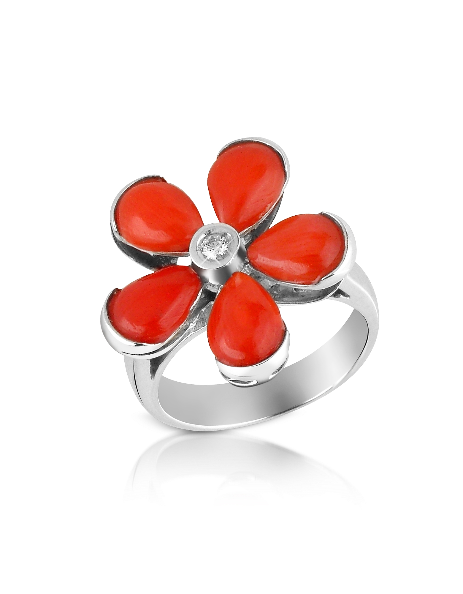 Del Gatto Designer Rings Diamond And Red Coral Flower 18k Gold Ring