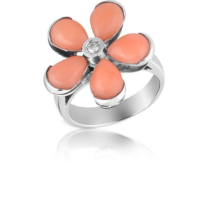 Diamond and Pink Coral Flower 18K Gold Ring - Del Gatto