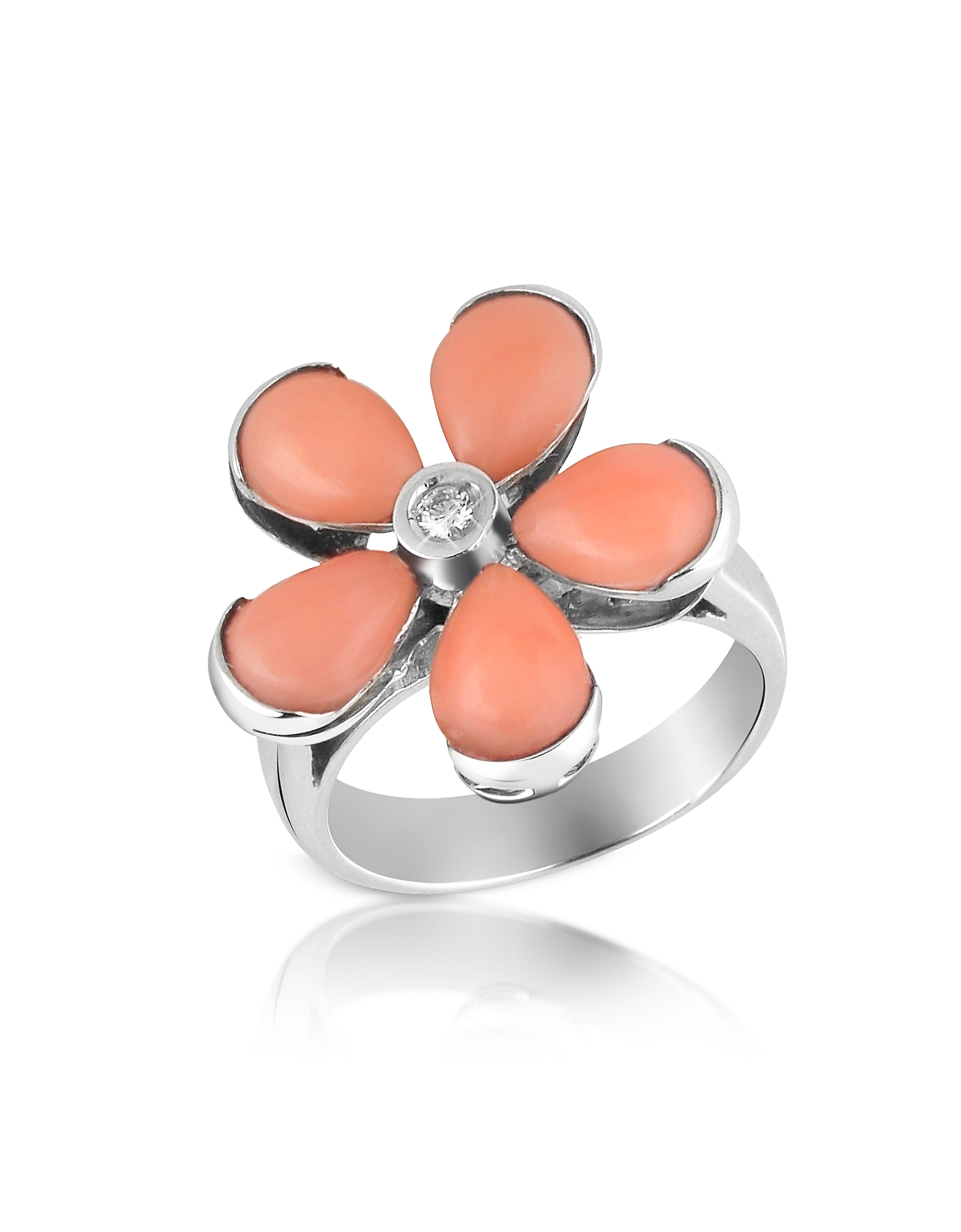 Del Gatto Designer Rings Diamond And Pink Coral Flower 18k Gold Ring