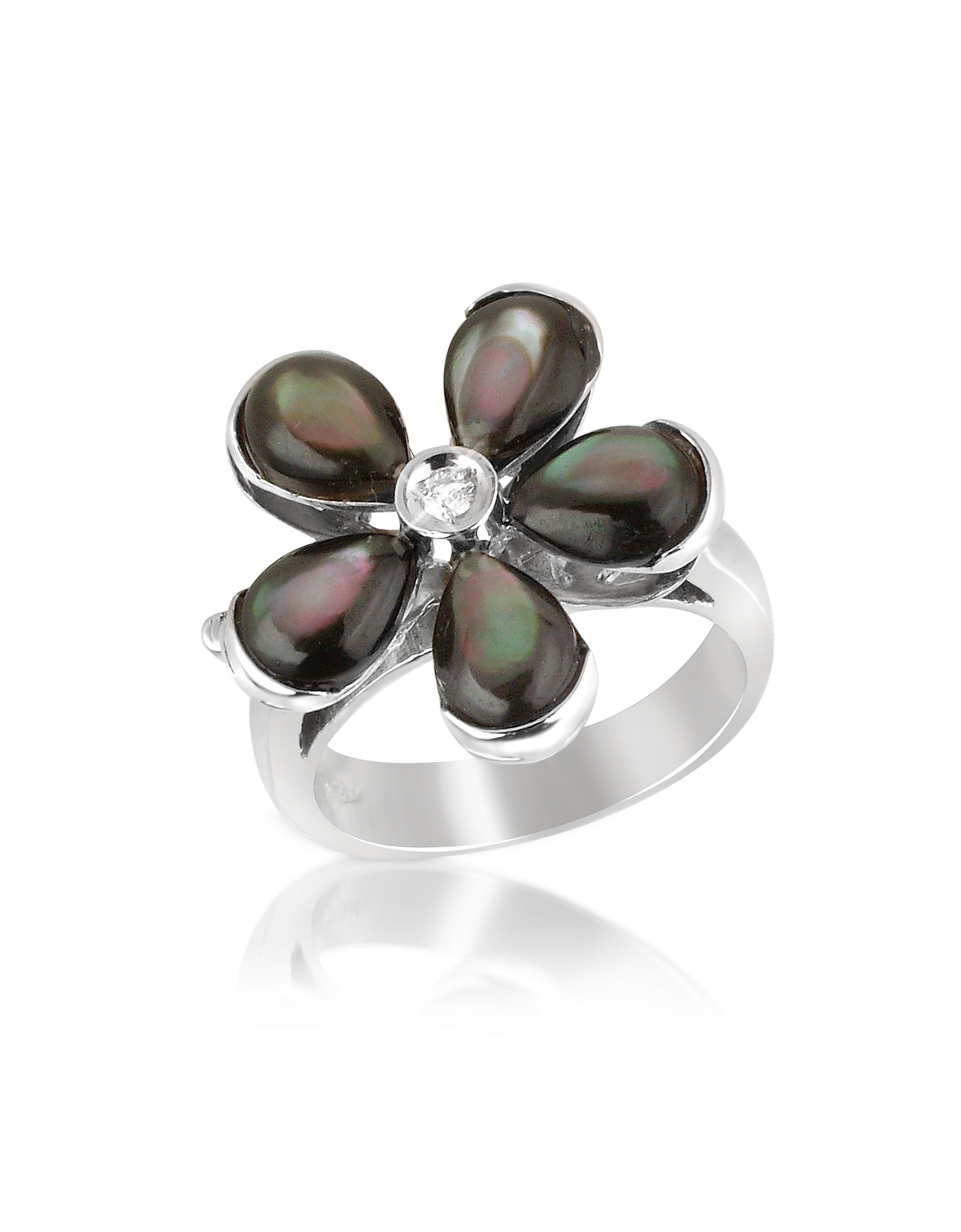 Del Gatto Designer Rings Diamond And Black Mother-of-pearl Flower 18k Gold Ring