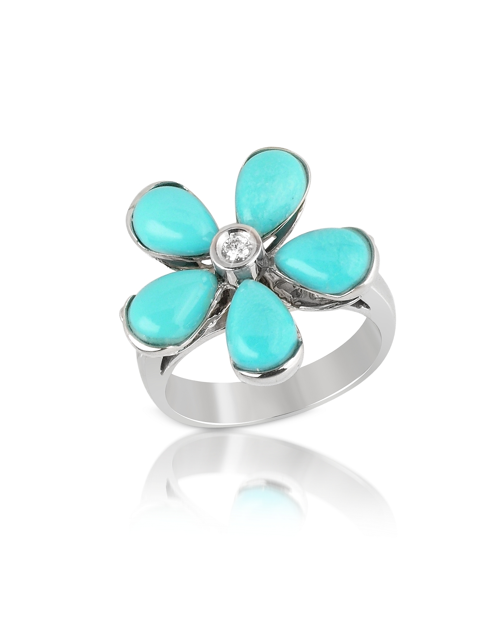 Del Gatto Designer Rings Diamond And Turquoise Flower 18k Gold Ring