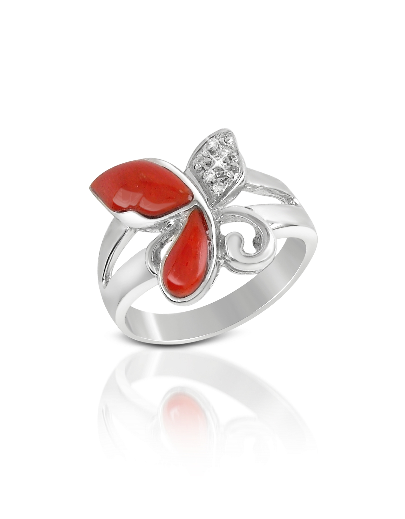 Del Gatto Designer Rings Diamond And Red Coral Butterfly 18k Gold Ring