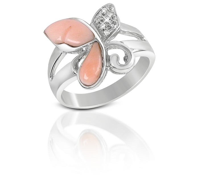 Diamond and Pink Coral Butterfly 18K Gold Ring - Del Gatto