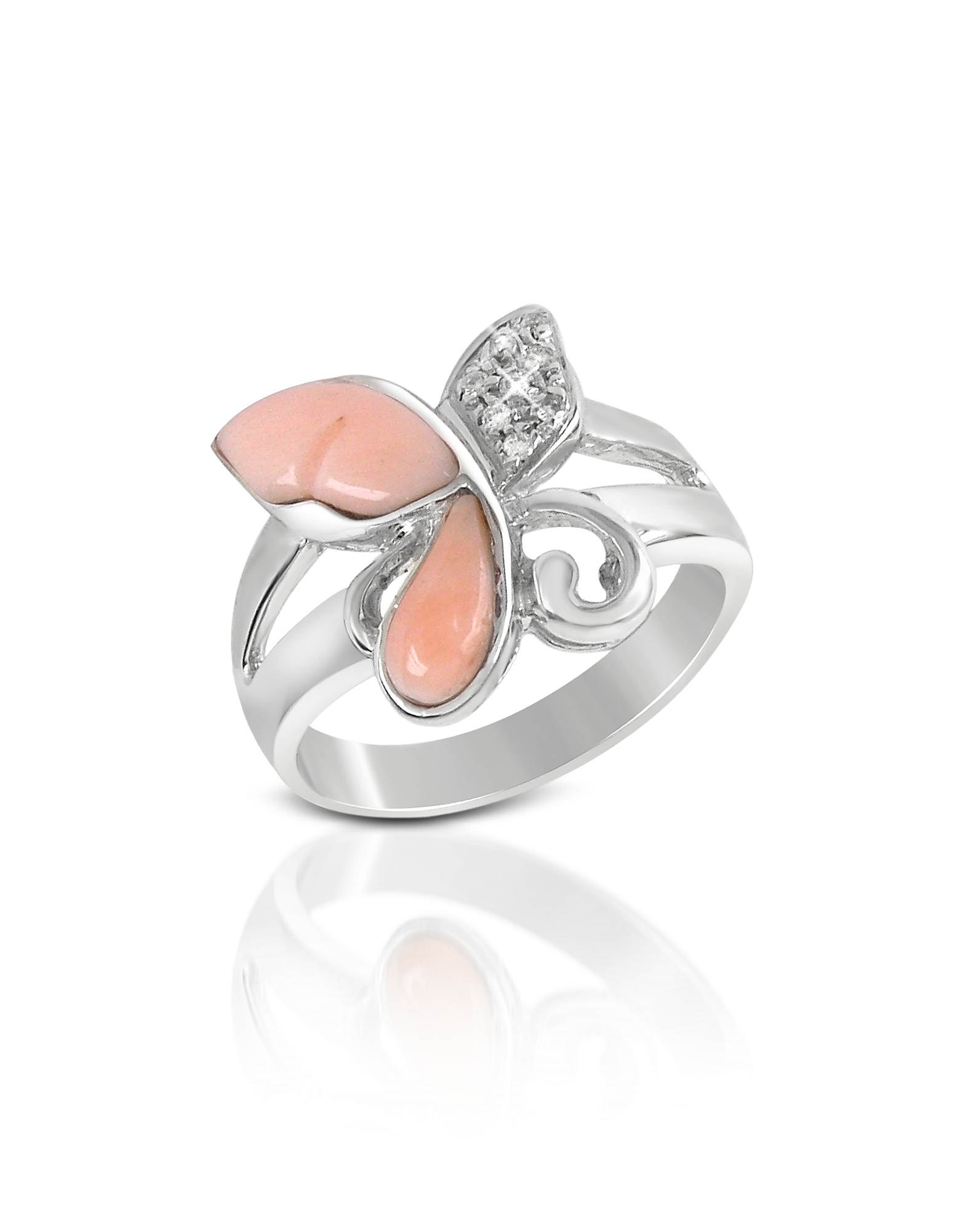Del Gatto Designer Rings Diamond And Pink Coral Butterfly 18k Gold Ring