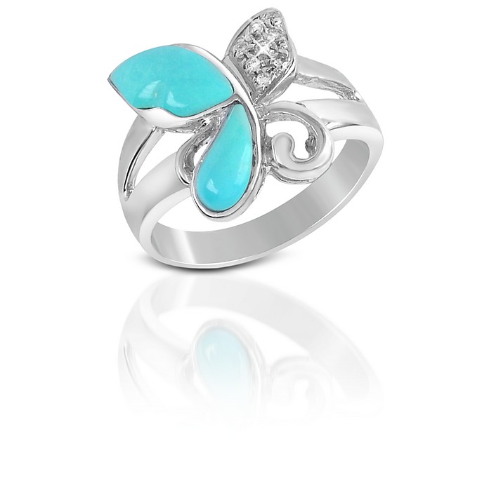 Diamond and Turquoise Butterfly 18K Gold Ring - Del Gatto