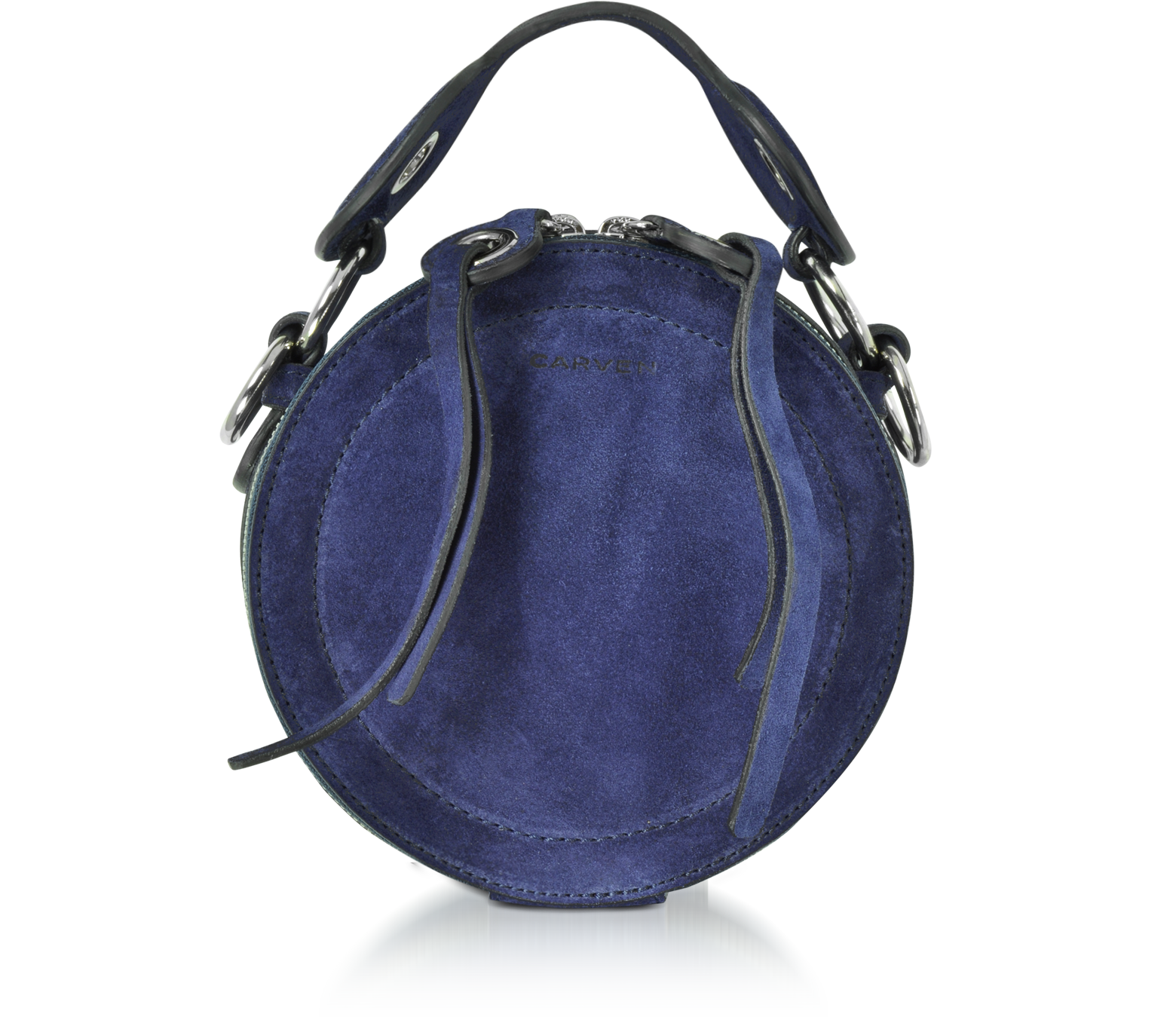 Carven Orsay Navy Blue Suede Round Crossbody Bag at FORZIERI