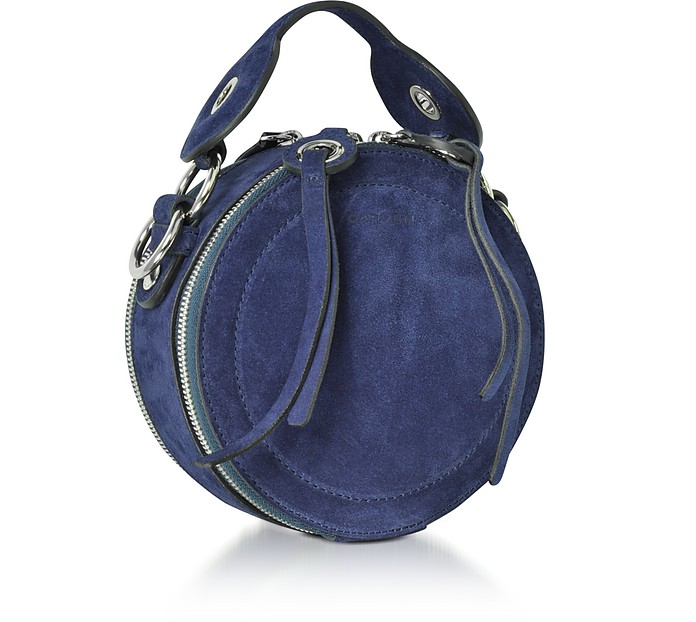 Carven Orsay Navy Blue Suede Round Crossbody Bag at FORZIERI
