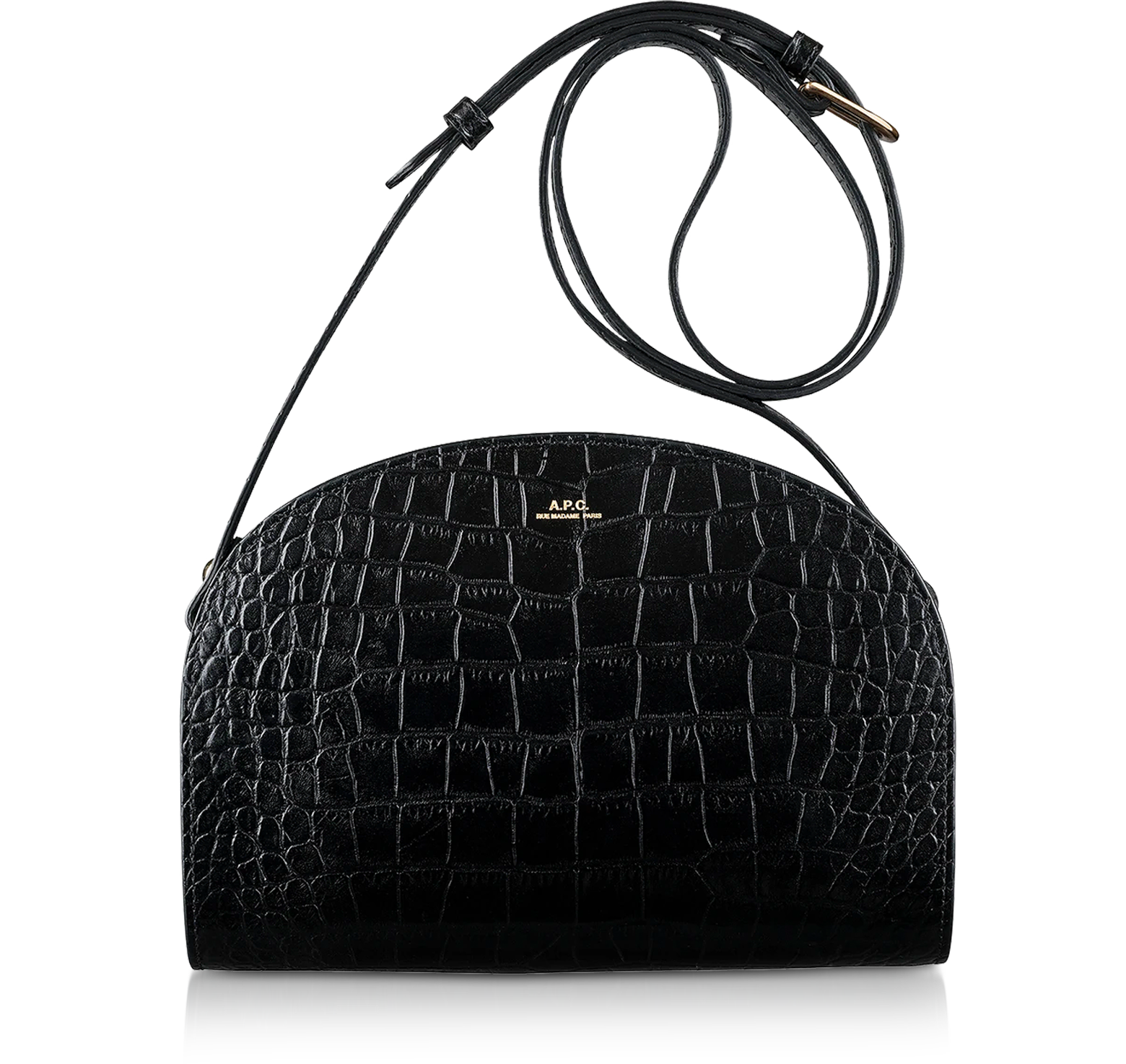 A.P.C. Black Croco Embossed Leather Demi-Lune Shoulder Bag at FORZIERI