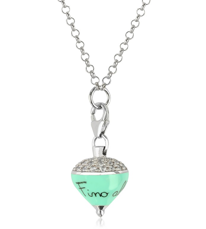 Sterling Silver and Aqua Enamel Small Spinning Top Pendant Necklace w/Cubic Zirconia - Azhar