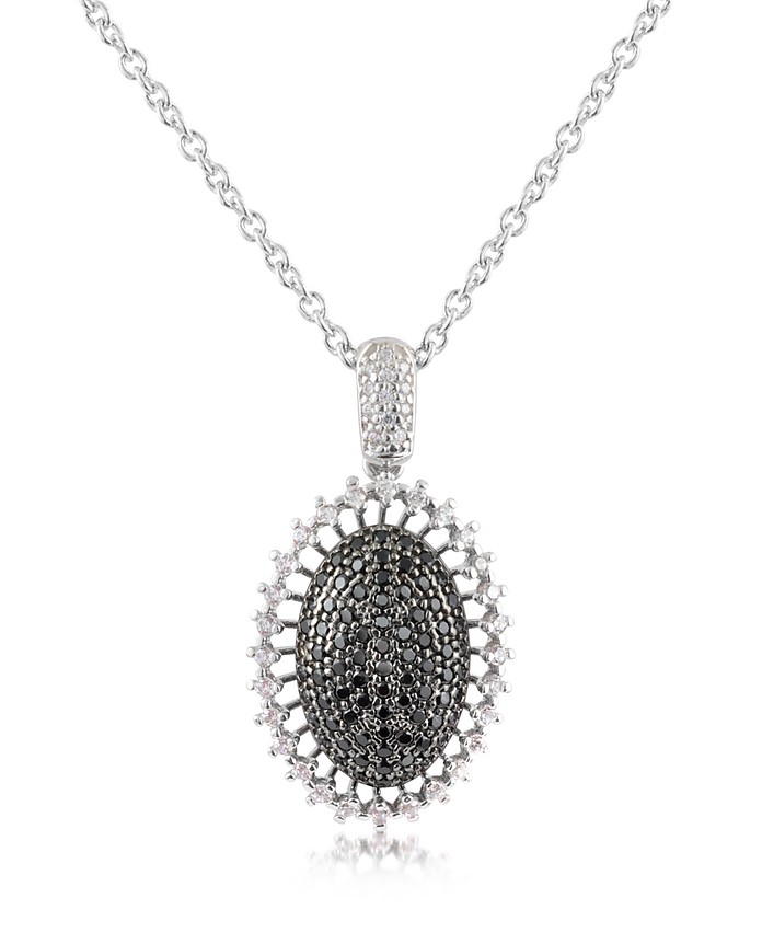Black Cubic Zirconia and Sterling Silver Oval Pendant Necklace - Azhar