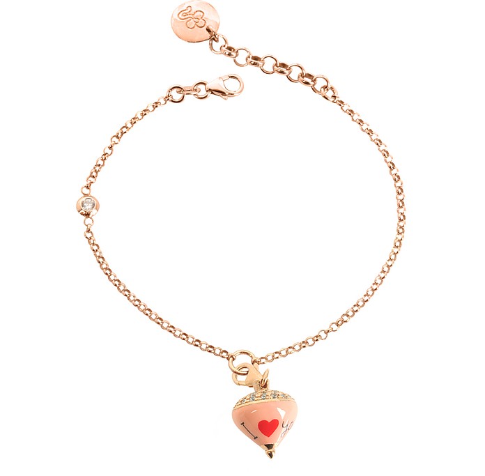 Rose Sterling Silver and Enamel Small Spinning Top Charm Bracelet w/Cubic Zirconia - Azhar