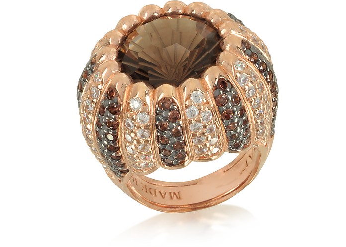 Rose Sterling Silver Riccio Ring w/two-tone Cubic Zirconia and Brown Stone - Azhar